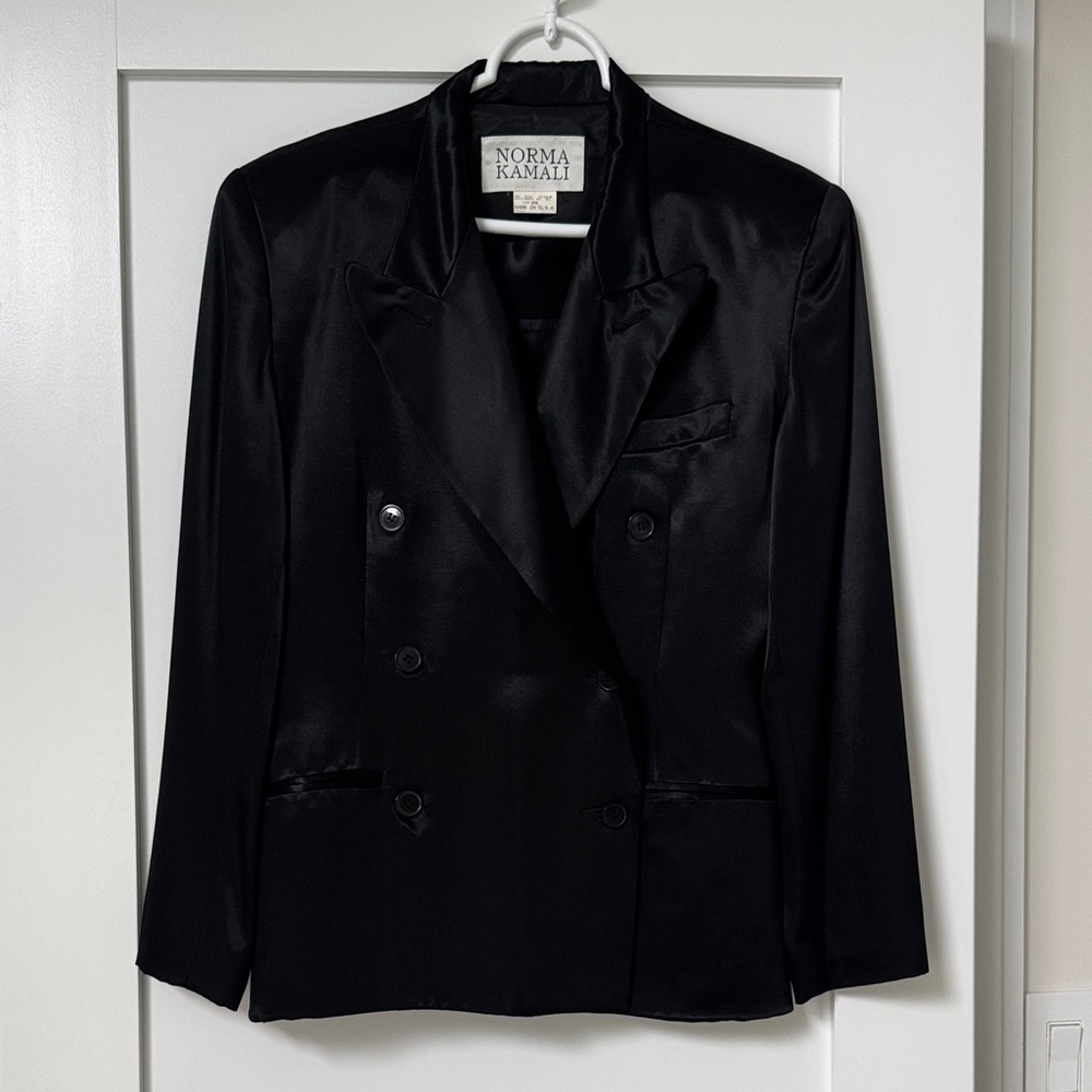 Norma Kamali Vintage Black Satin Double-Breasted Blazer and Skirt